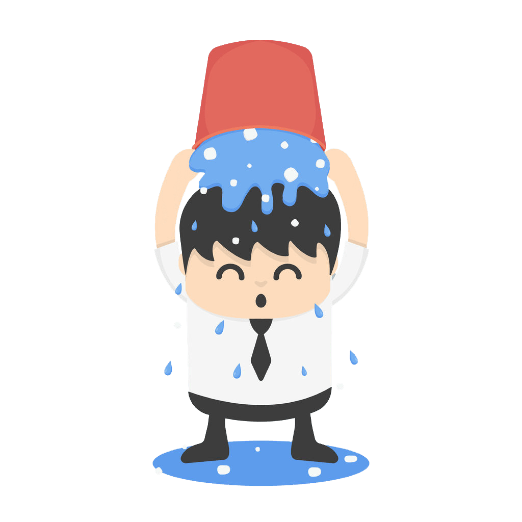 Illustration of a cartoon character in a white shirt and black tie, bearing a striking resemblance to Pete Frates, pouring a bucket of water over their head, with water splashing and creating a puddle beneath.