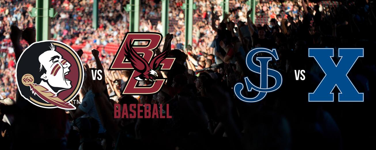 Logos for four college baseball teams (Florida State, Boston College, Coastal Carolina, and Xavier) against a background of a crowded stadium at the ALS Game.