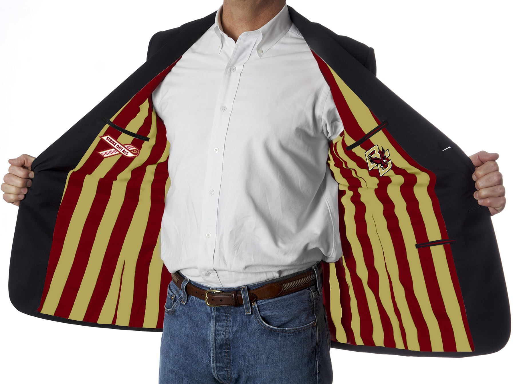 A person in a white shirt and jeans is holding open an ALS Blazer, revealing a lining with a red and yellow striped pattern and two emblems on the inner sides.