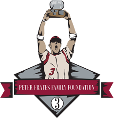 Illustration of a baseball player holding a trophy above his head, with text reading "Peter Frates Family Foundation" and the number 3 displayed below.