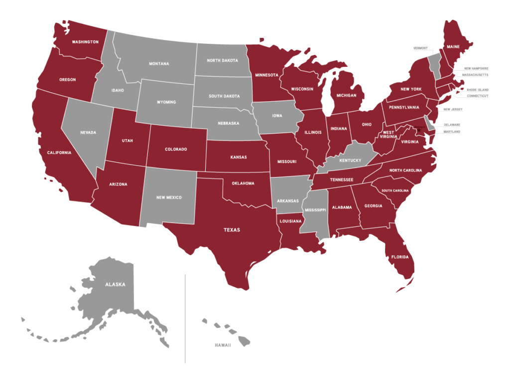 4jqTpwVhBH-2583366_PF3-Map_042225 Map of the United States showing states with abortion bans or restrictions in red and states without such bans in gray as of March 2024—valuable for empowering ALS patients to stay informed about healthcare landscapes nationwide.