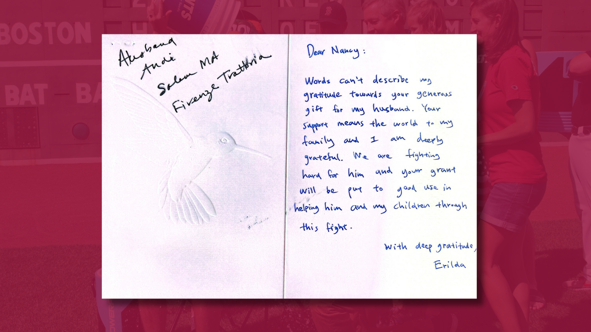 A handwritten thank you note with a hummingbird illustration, expressing heartfelt gratitude for the support given to the writer's husband and family during a difficult time, featured in local media.