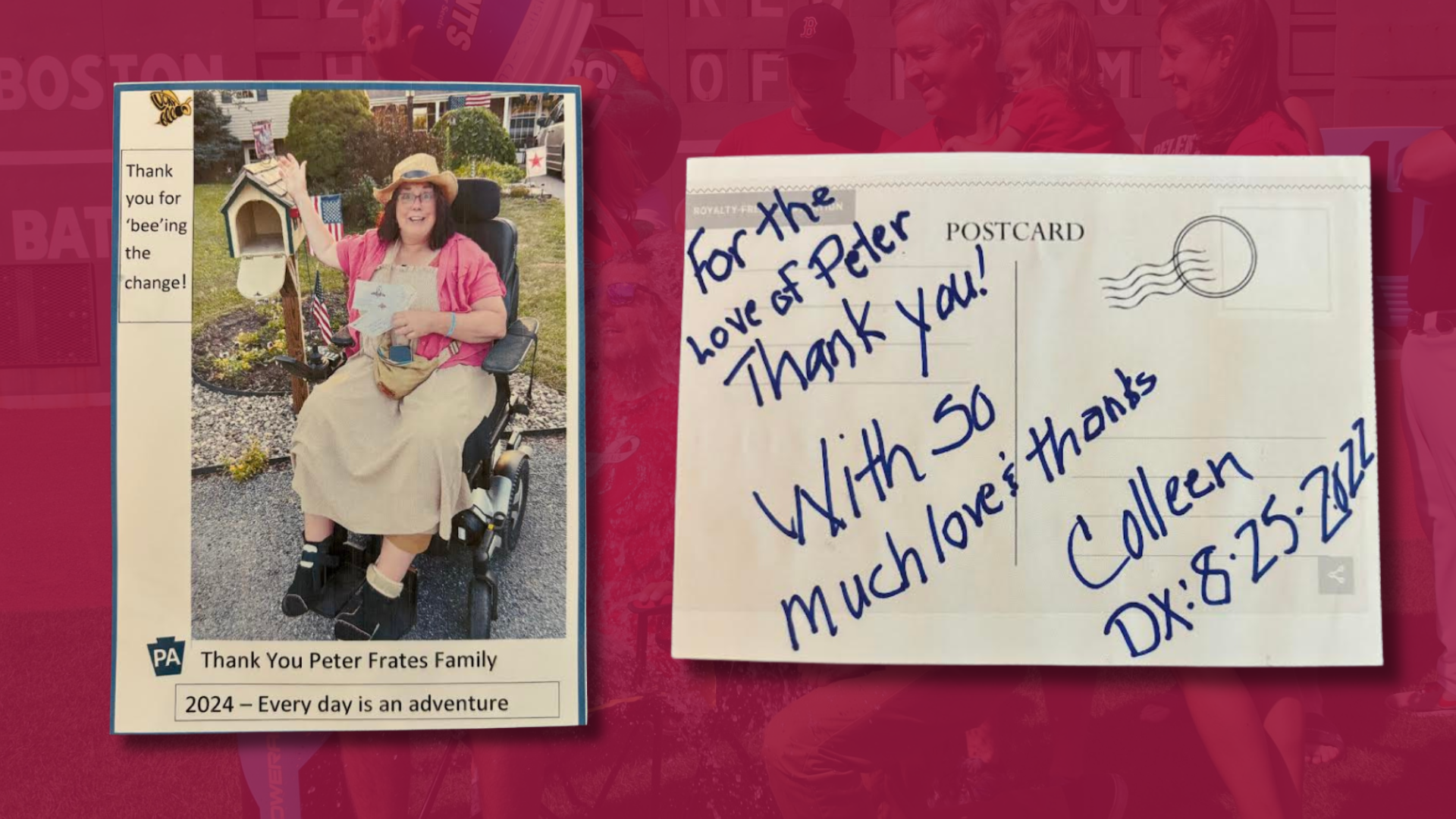 A woman in a wheelchair holding a birdhouse and a bee ornament, with a handwritten postcard message of thanks to the Peter Frates family displayed beside her, is featured in this heartwarming media moment.