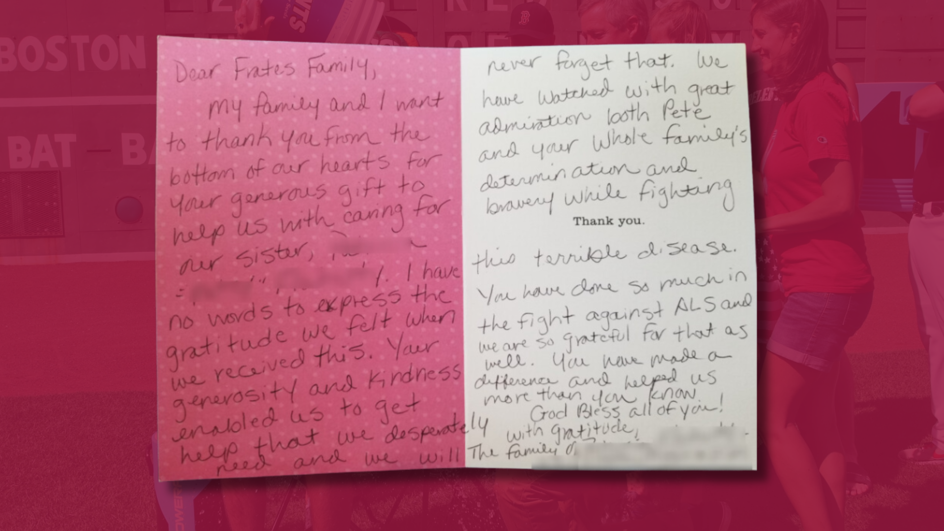 A handwritten thank you note expresses gratitude for support in caring for a sister and acknowledges help in the fight against ALS, showing how media can amplify heartfelt appreciation. A "thank you" is written at the center of the card.