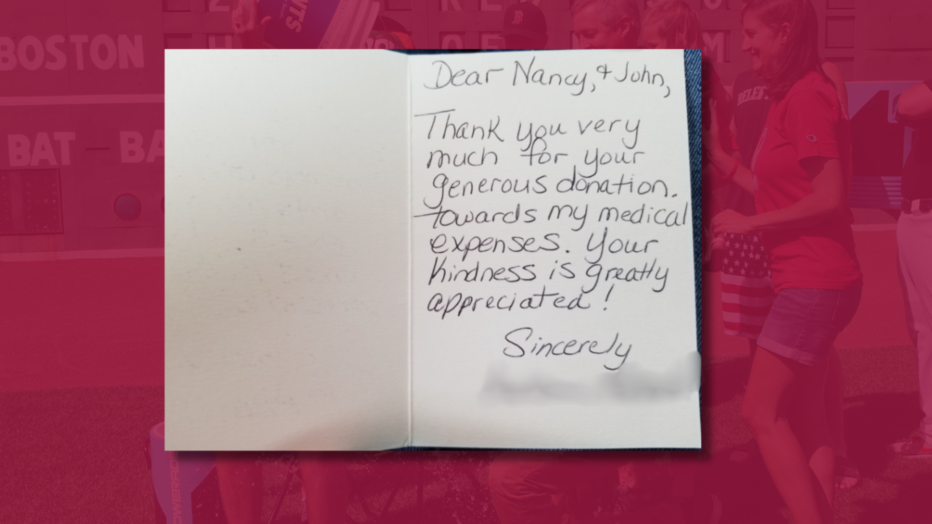 A handwritten thank you note reads: "Dear Nancy & John, Thank you very much for your generous donation towards my medical expenses. Your kindness has meant so much and deserves to be shared in the media! Sincerely, [name].