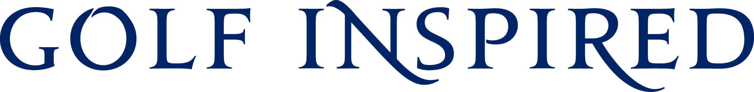 The words "GOLF INSPIRED" are written in uppercase, dark blue serif font on a light background, with a stylized letter "R" in "INSPIRED.