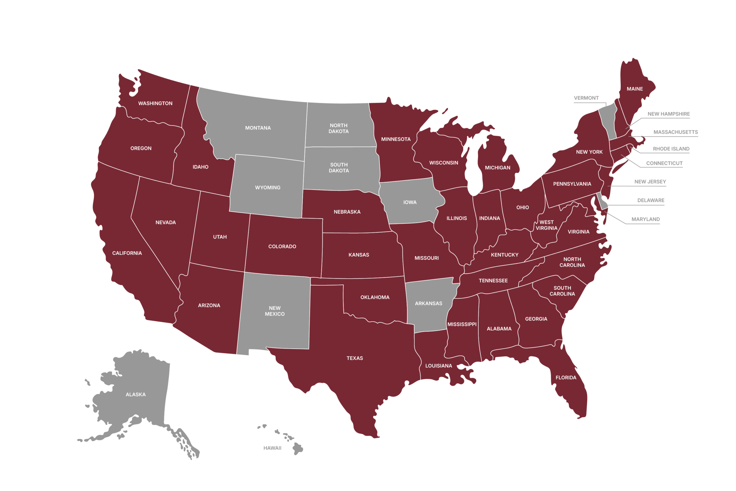 A map of the United States with most states shaded maroon and nine states, including Alaska and Hawaii, shaded gray—highlighting regions focused on empowering ALS patients.