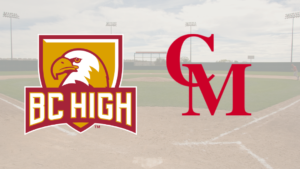 BC High and CM logos displayed side by side over a background of a baseball field.
