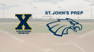 Two logos side by side on a baseball field: Xaverian Hawks logo on the left and St. John's Prep eagle logo on the right.