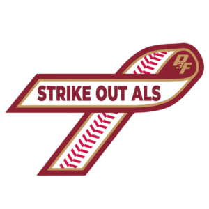 Logo of a ribbon resembling a baseball with the text "STRIKE OUT ALS" and the initials "D3F" in the corner.