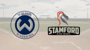 Wilton Warriors and Stamford Black Knights logos displayed over a baseball field background.